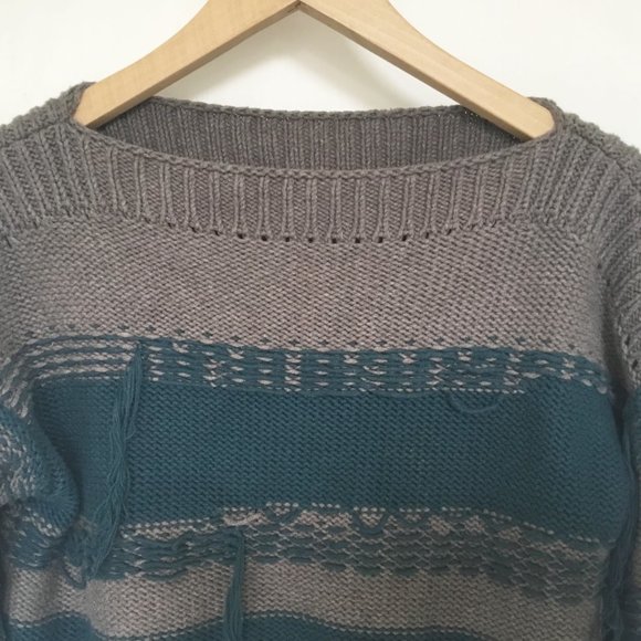 Margaret O'Leary Cropped Striped Blue & Gray Fringe Distressed Boatneck Sweater - Picture 3 of 6